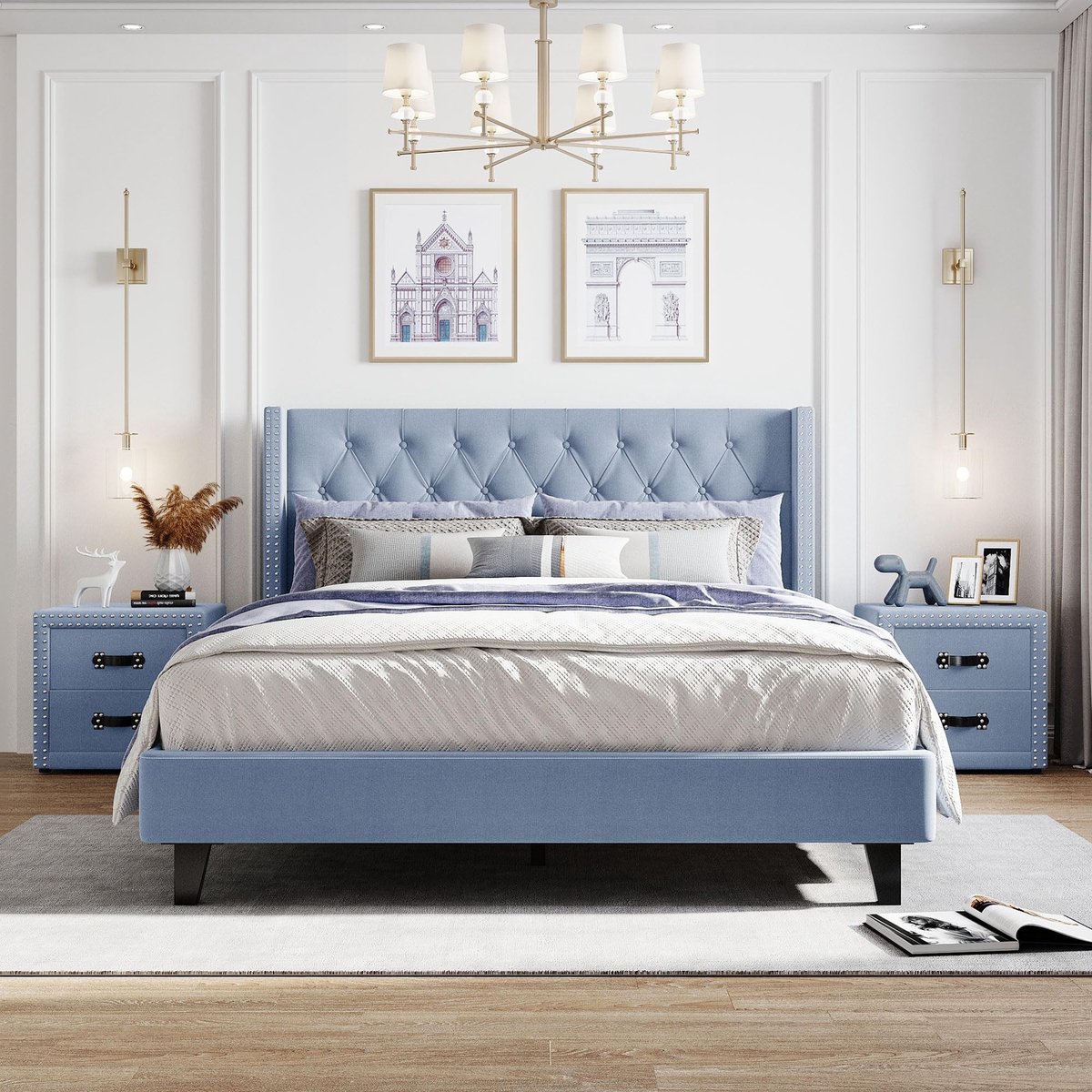 Slaapkamer Set - Dubbel Bed met Nachttafels - Blauw