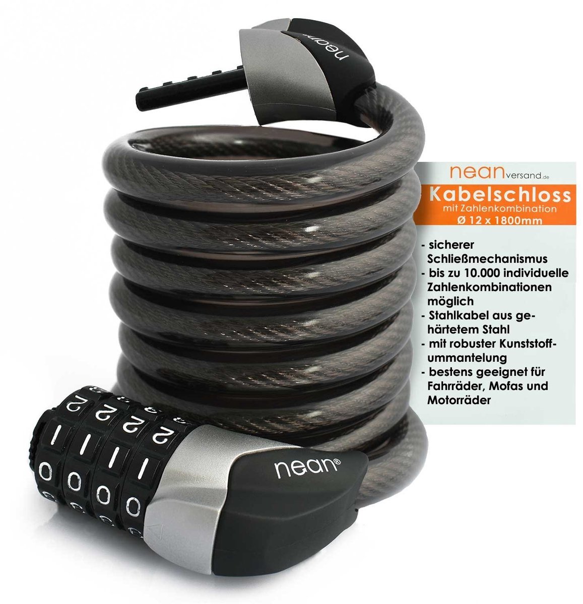 Fietsslot met Cijfers - Stalen Spiral Kabel 12 x 1800 mm - Zwart