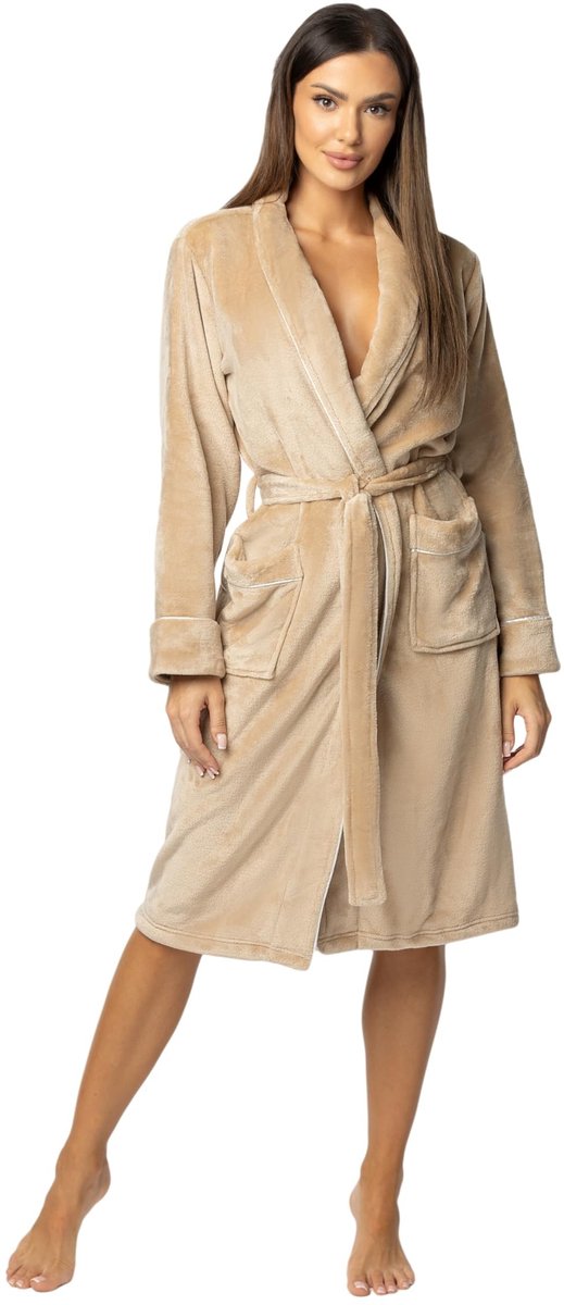 Dames Badjas met Strikband en Capuchon - Beige