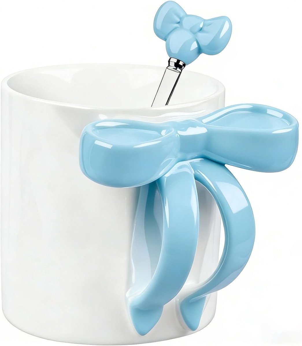 Schattige keramische koffiemok met blauwe strik en oor - 350ml porseleinen mok voor koffie en thee