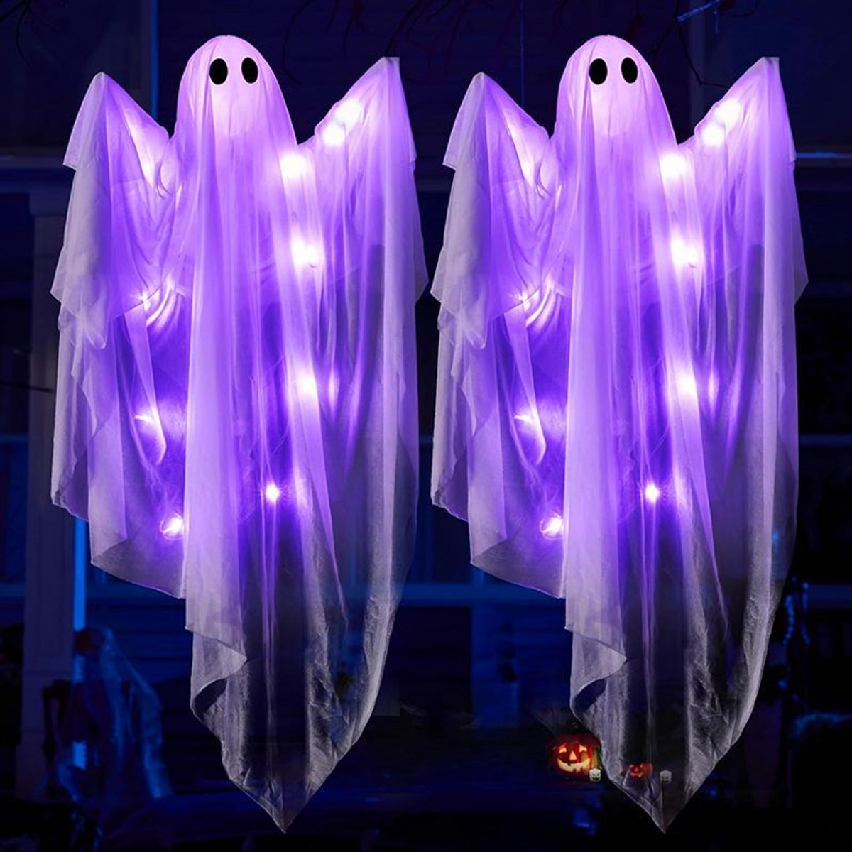 2 Stuks 120cm Hangende Lichtgevende Halloween Geestdecoraties - Witte Hangende Geesten met Paarse LED‑Verlichting - Spookhuis Prop - Feestbenodigdheden - Decoratie voor Voortuin, Terras en Tuin