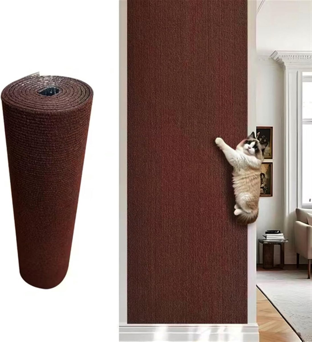 Zelfklevende krabmat voor katten — Kattenkrabmat - Meubelbescherming voor banken en muren — Doe-het-zelf krabmat — Viltmateriaal — Bruin — 100 x 30 cm