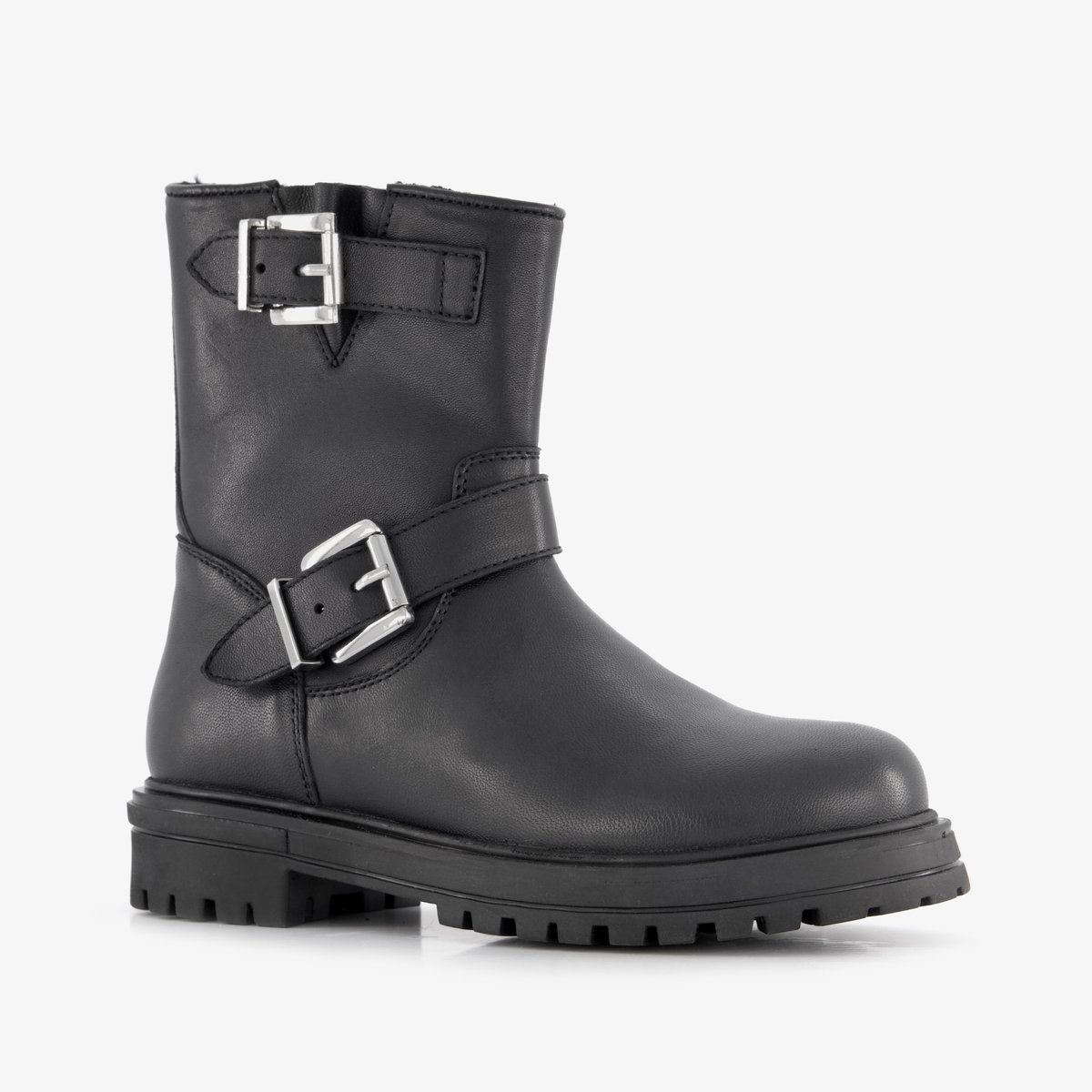 Groot leren meisjes biker boots met gespen zwart - Maat 30 - Uitneembare zool