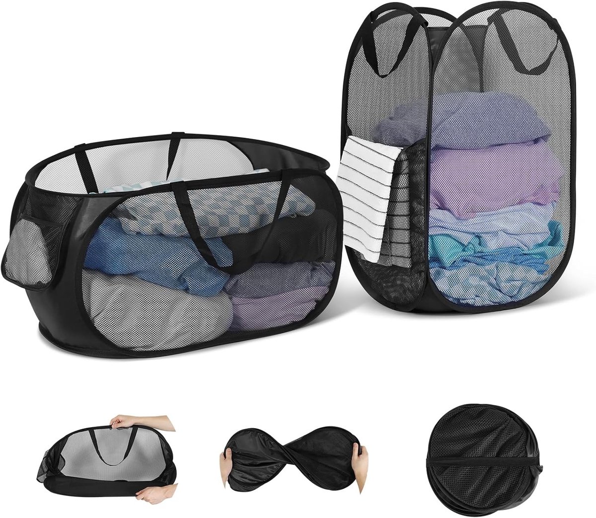 Pop-up Wasmand Set van 2 Stuks, Vouwbare Wasmand van 75L met Handvat, Ideaal voor Badkamer, Kamperen en Studentenhuis