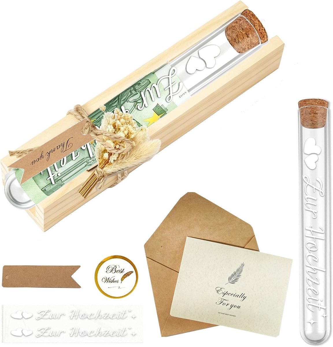 Elegante Geldcadeaus voor Bruidsparen, Creatieve Geldgeschenken met Drogen Bloemen, Testbuis en Wenskaart, Perfect voor Trouwen en Huwelijksfeest