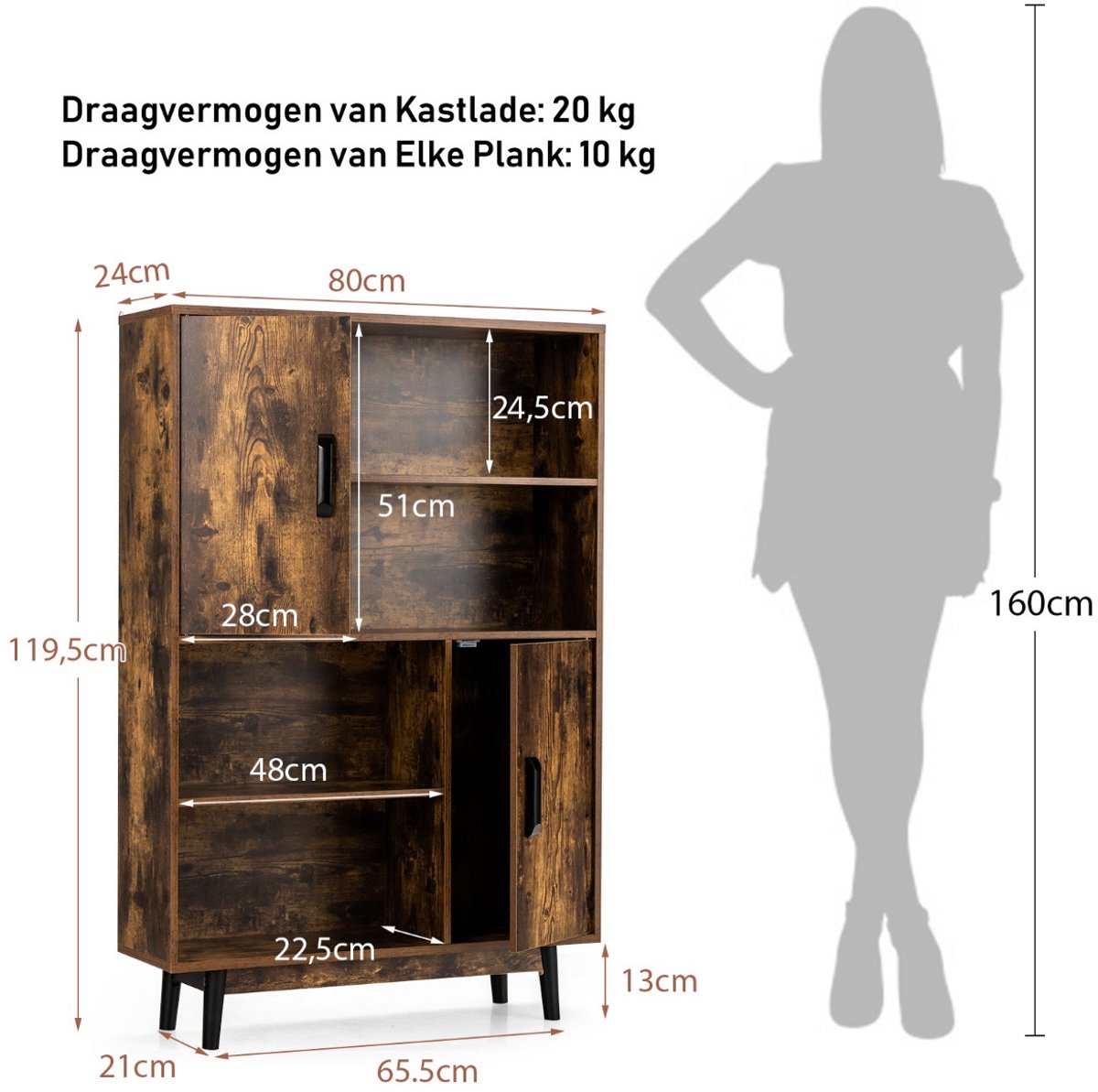 SureDeal® - Boekenkast - Houten Opbergkast - Deuren - Open Planken Koffie - 80x24x120 cm - Koffiebruin