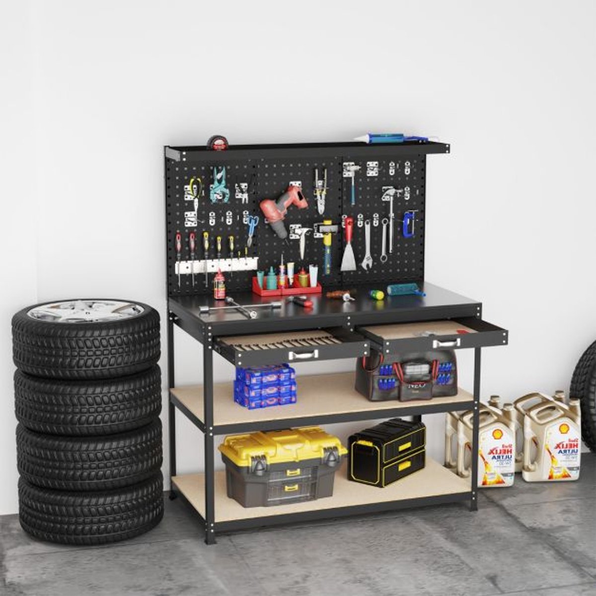SureDeal® - Bank - Stevige Metalen Werktafel - Geperforeerde Panelen Ophangaccessoires - Thuis Garage Werkplaats - Zwart - 121x61x156 cm