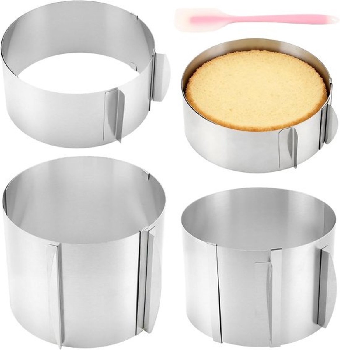 Verstelbare Taartvorm Set van 4 Stuks met Spatel - Ronde Bakring voor Laagjes Taart en Cheesecake, Diameter 16-30 cm, Ideaal voor Bakken en Decoreren