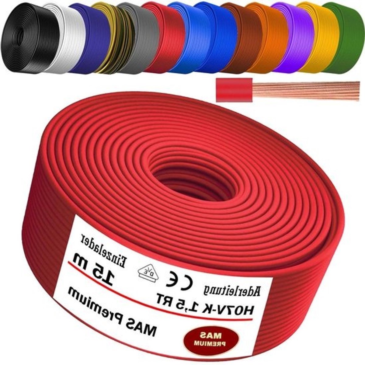 Aderkabel H07 V-K - Enkele ader flexibel - Elektrische installatie - Fijndradig koper - 15 mm² - Rood