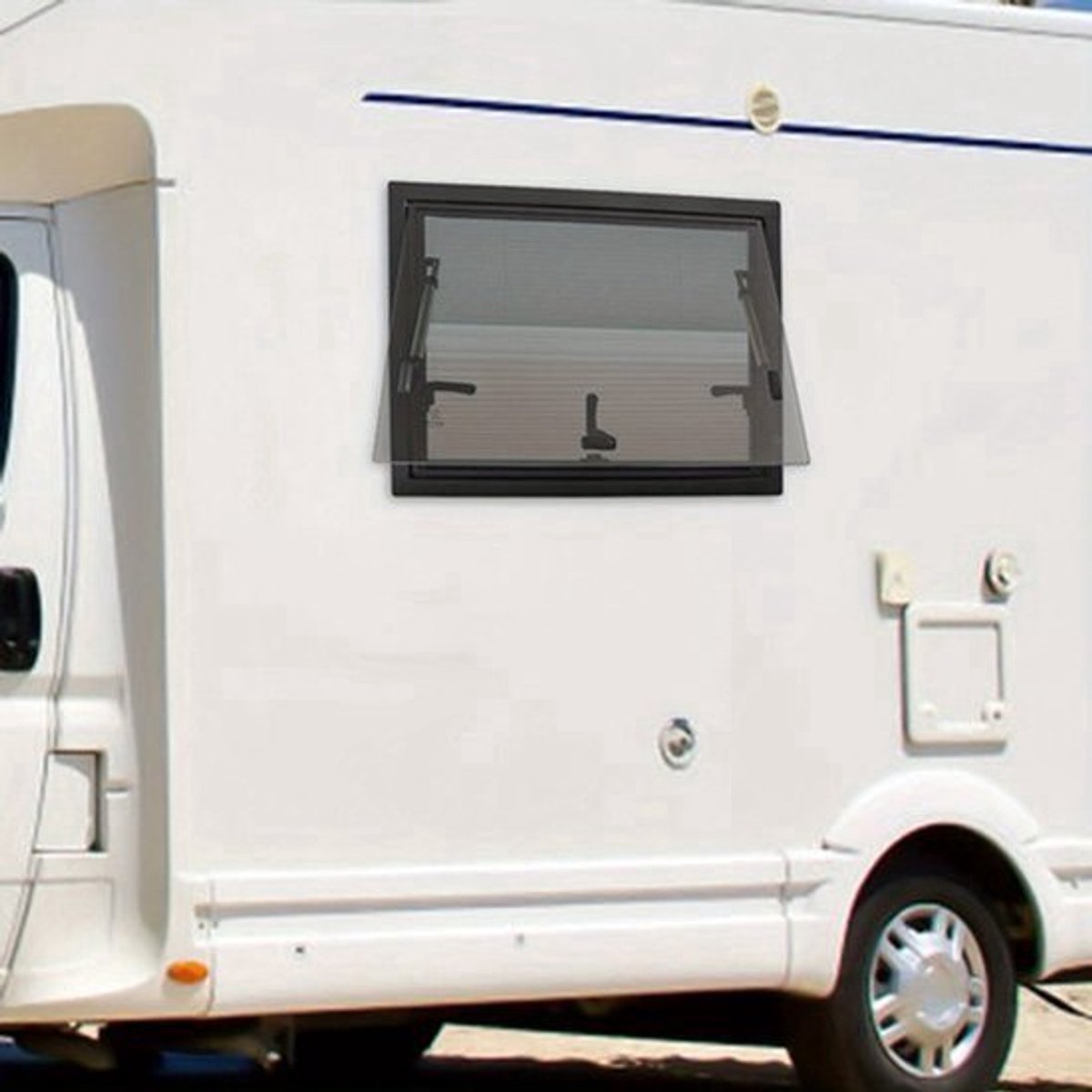 Zijraam Camper – Caravan Raam – Klapraam – Opendraairamen – Campingraam – Getemperd Glas – Aluminium Frame – 65° Openingshoek – Insectengaas Inclusief – Zwart