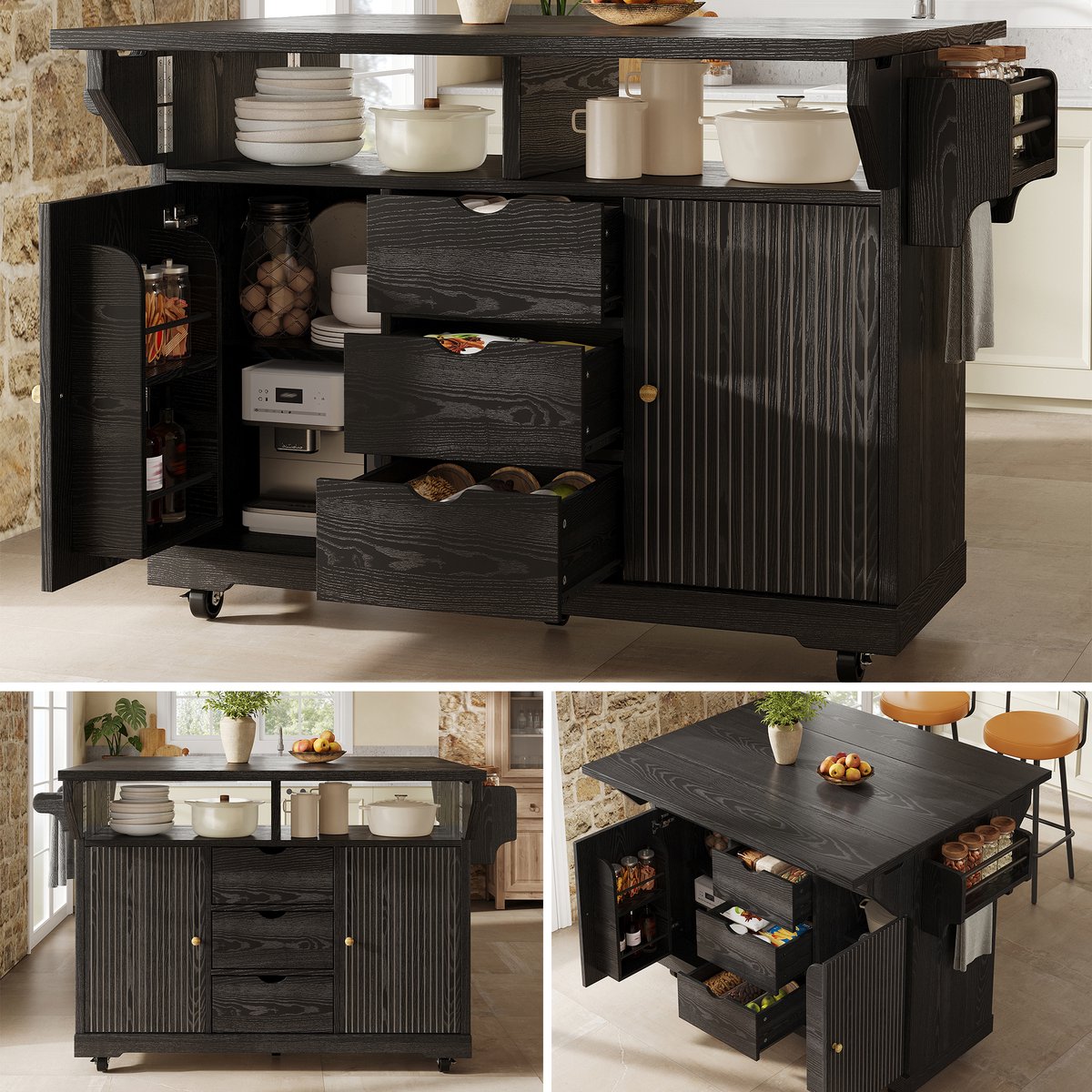 Clruro Keukenwagen - 142,5 x 40-80 x 95 cm - Uitklapbaar - 3 Laden en Wielen - MDF/Metaal - Zwart