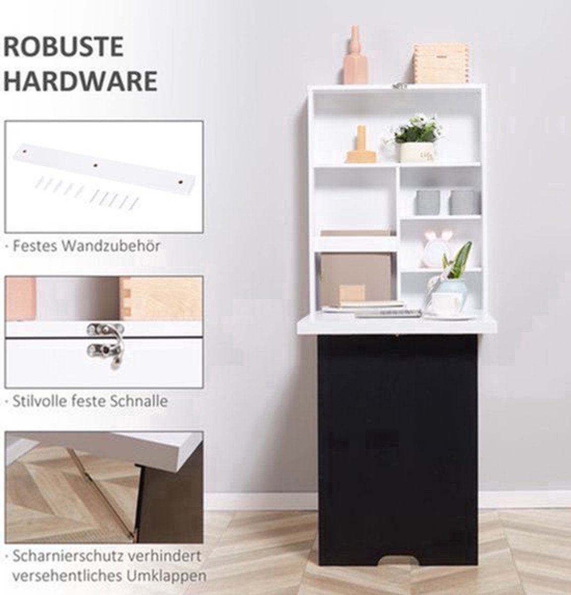 Wandtafel – Opklapbaar Bureau – Opbergmeubel – Werkplek – Schrijfplank – Ruimtebesparend Design – 5 Compartimenten – Zwart/Wit – PVC – 60x94,5x147 cm