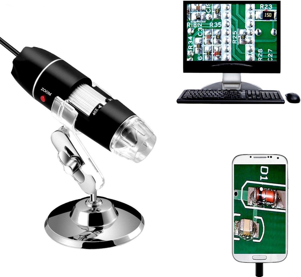 Endoscoop met vergroting 40-1000x – digitale microscoop met 8 LED's en USB 2.0 – mini-camera met OTG-adapter en metalen standaard – compatibel met Mac, Windows 7, 8, 10, 11, Android en Linux.