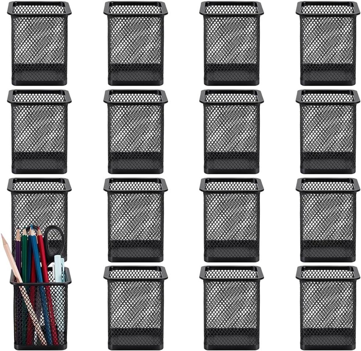 Set van 16 Vierkante Zwarte Metalen Pennenhouders - Ruime Organizer voor Bureau, Kantoor en Schoolbenodigdheden