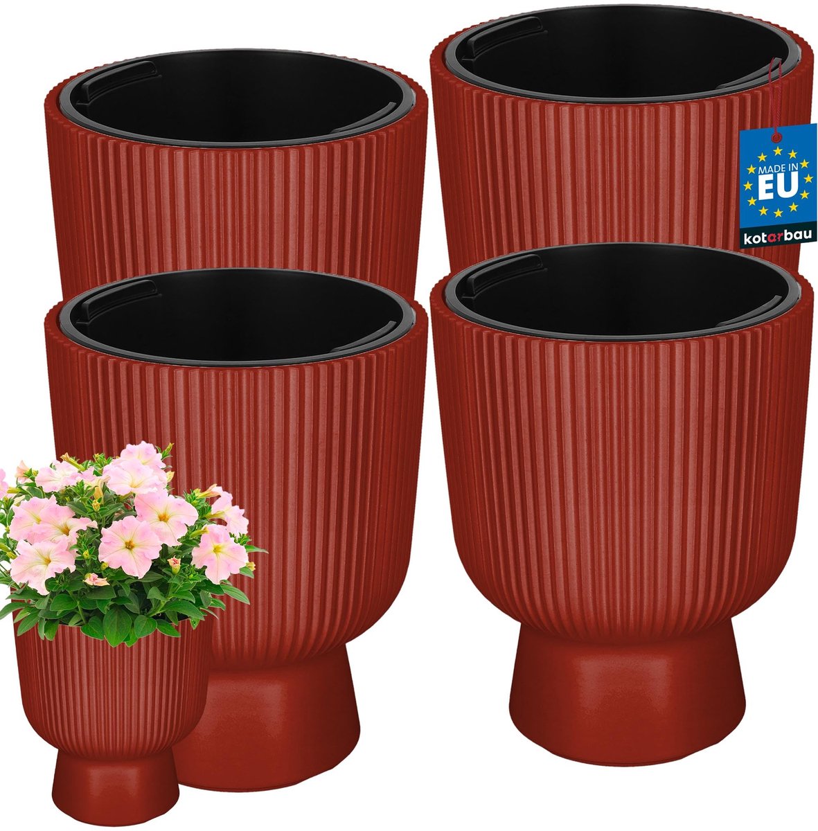 KOTARBAU® 4 Stuks - Bloempot - Plantenpot Ø 23 cm - met Binnenpot - Geribbelde Plantenbak - Plantenpot met Voet - Plantenbak - Kunststof - H: 30 cm - Baksteen