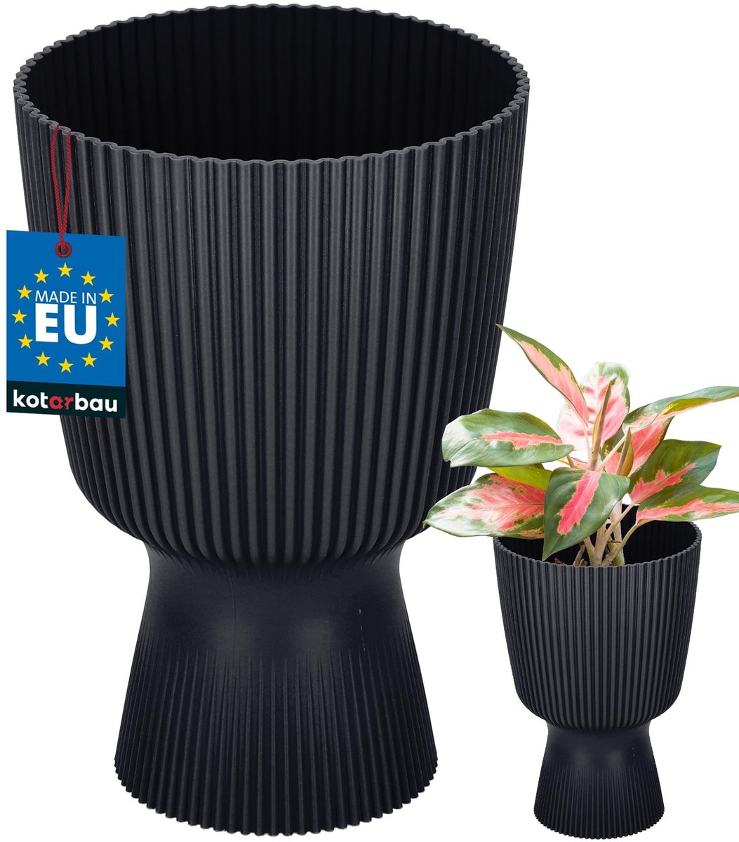 KOTARBAU® Bloempot - Plantenpot met Sokkel ⌀ 14 cm - PVC - Geribbelde Orchideeënpot - H: 21 cm - Antraciet - Kelkvorm