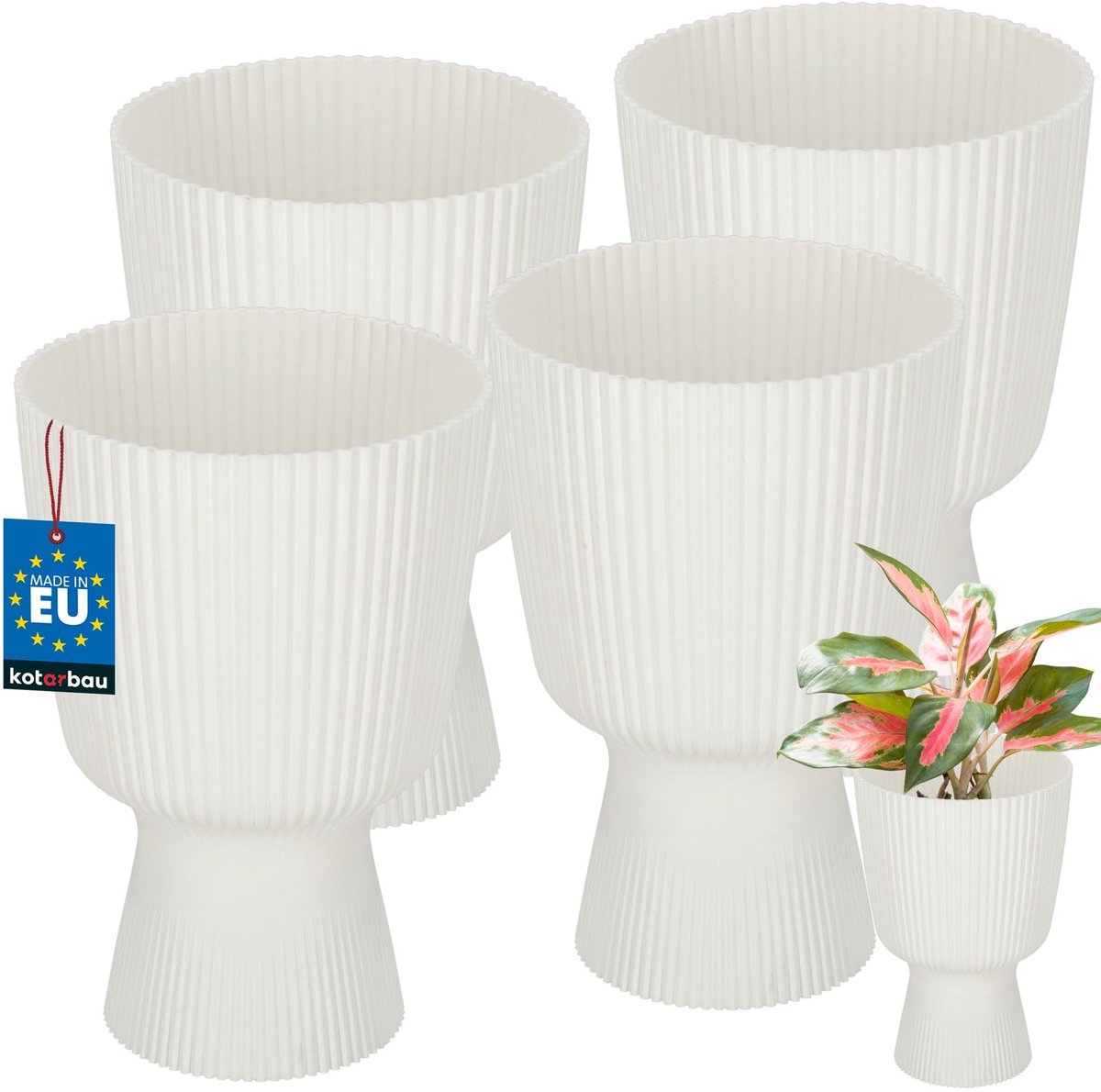 KOTARBAU® 4 Stuks - Bloempot - Plantenpot met Sokkel ⌀ 14 cm - PVC - Geribbelde Orchideeënpot - H: 21 cm - Wit - Kelkvorm