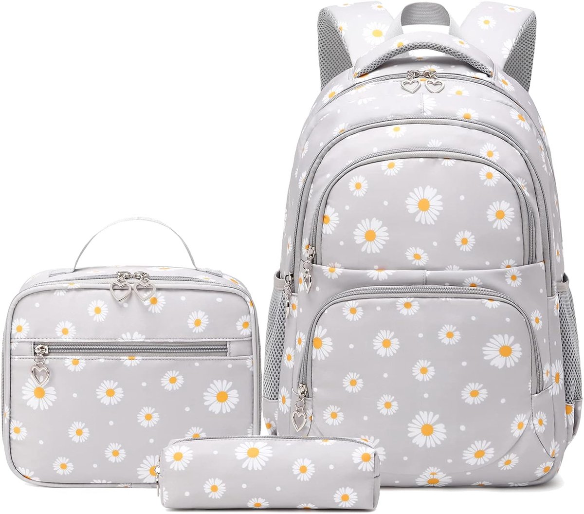 Rugzak Set - Madeliefjes Bedrukte Schoolrugzakset met Lunchtas en Etui - 3-delige Set - Waterbestendig - Voor Tieners, Meisjes en Jongens - Grijs