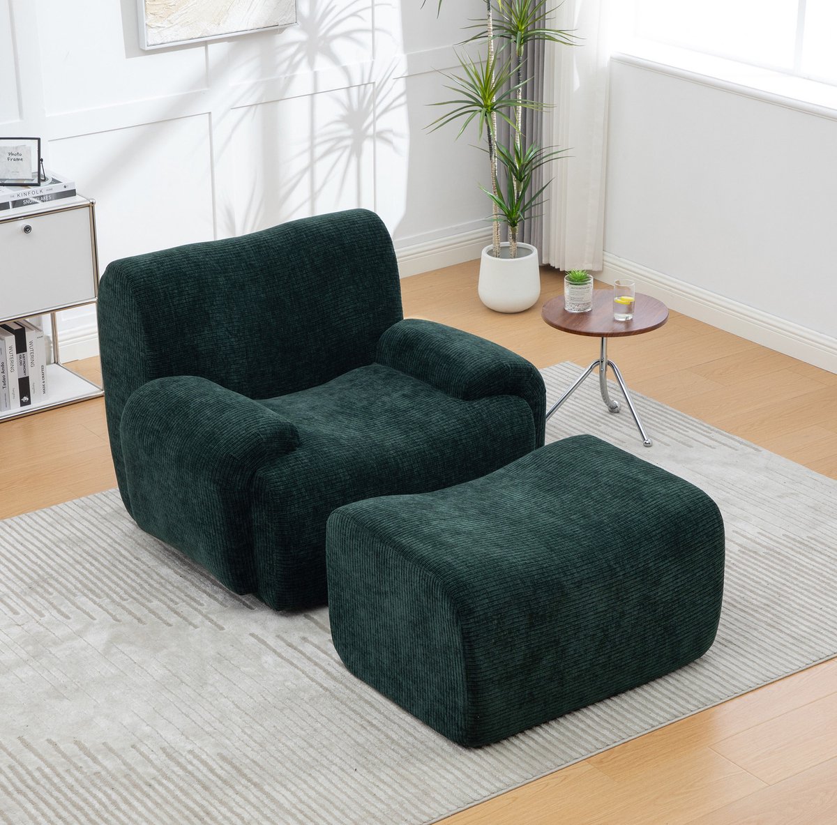 MEUNIQ Fauteuil van chenille met hocker, 94 x 113 cm, 300 kg draagvermogen, zonder montage, voor woonkamer en kleine ruimtes, groen