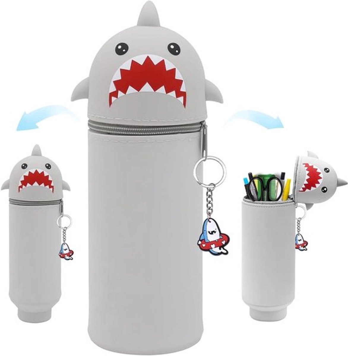 3D Haai Design Pennenhouder van Zacht Siliconen met Sleutelhanger en Rits - Ideaal voor School, Kantoor en Dagelijks Gebruik, Geschikt voor Pennen en Markers