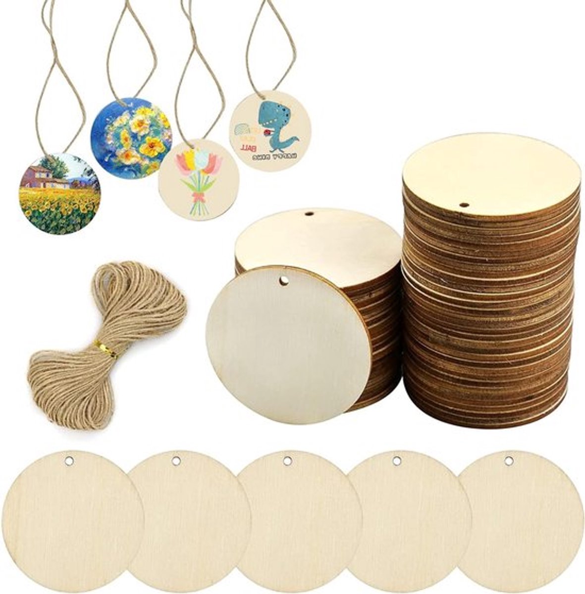 50 Stuks 5 cm Houten Schijven voor Creatief Knutselen, Pyrografie, Schilderen en Decoraties