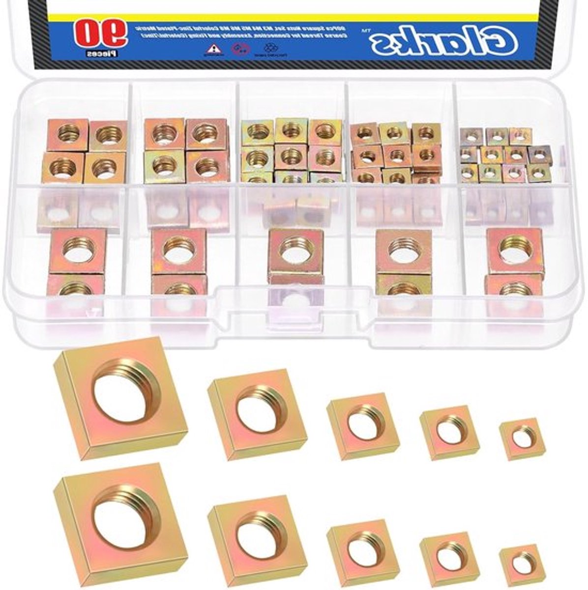 Set van 90 vierkante moeren van koolstofstaal M3 tot M8, geel verzinkt, voor machine- en schroefbevestigingen, assortiment voor metaalbewerking
