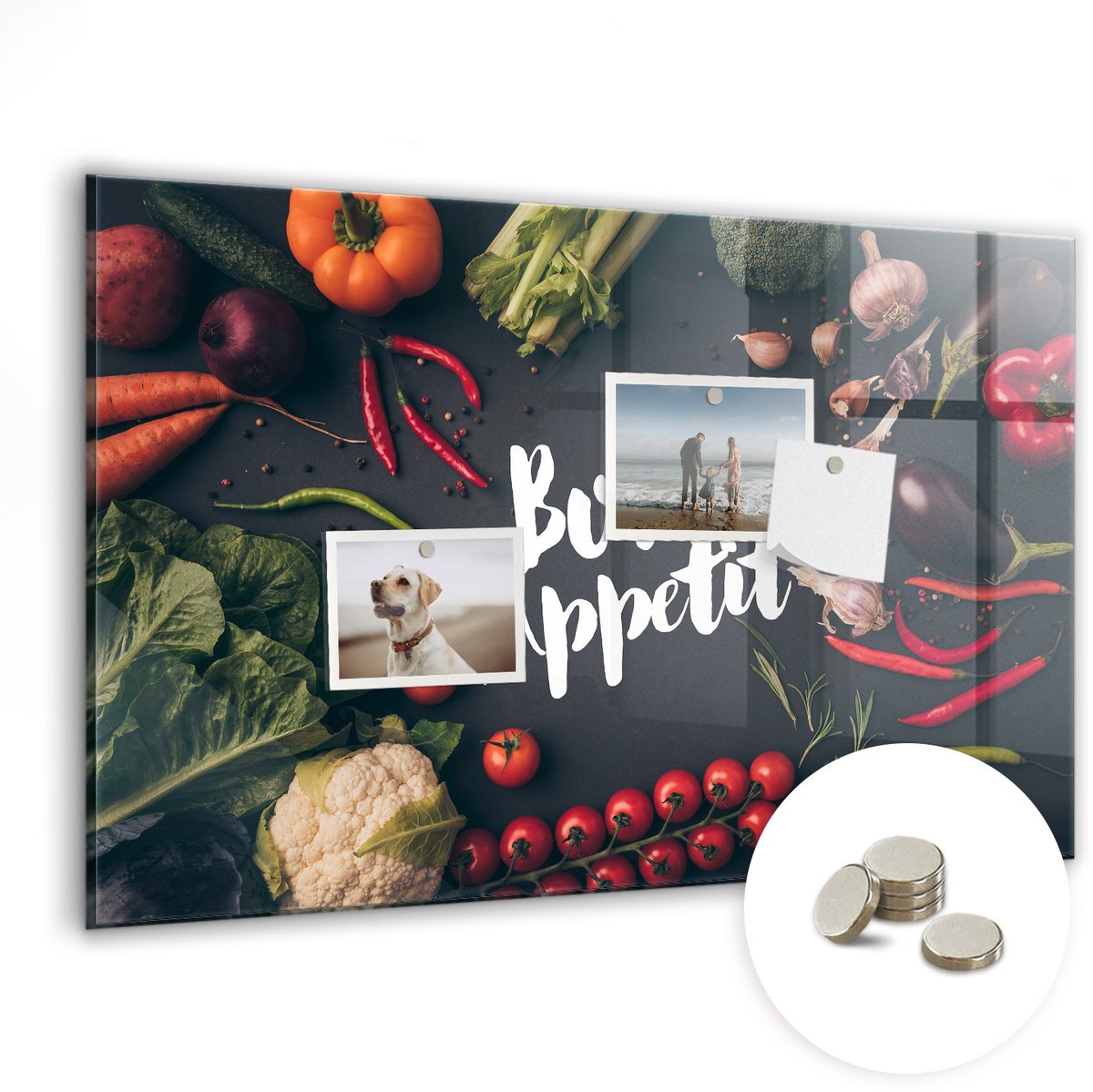 Coloray Glazen Magneetbord - Magnetisch Bord Eet smakelijk inscriptie - 60x40 cm - Veelkleurig Magneetbord - Magnetic Board - Magnetisch Wandbord