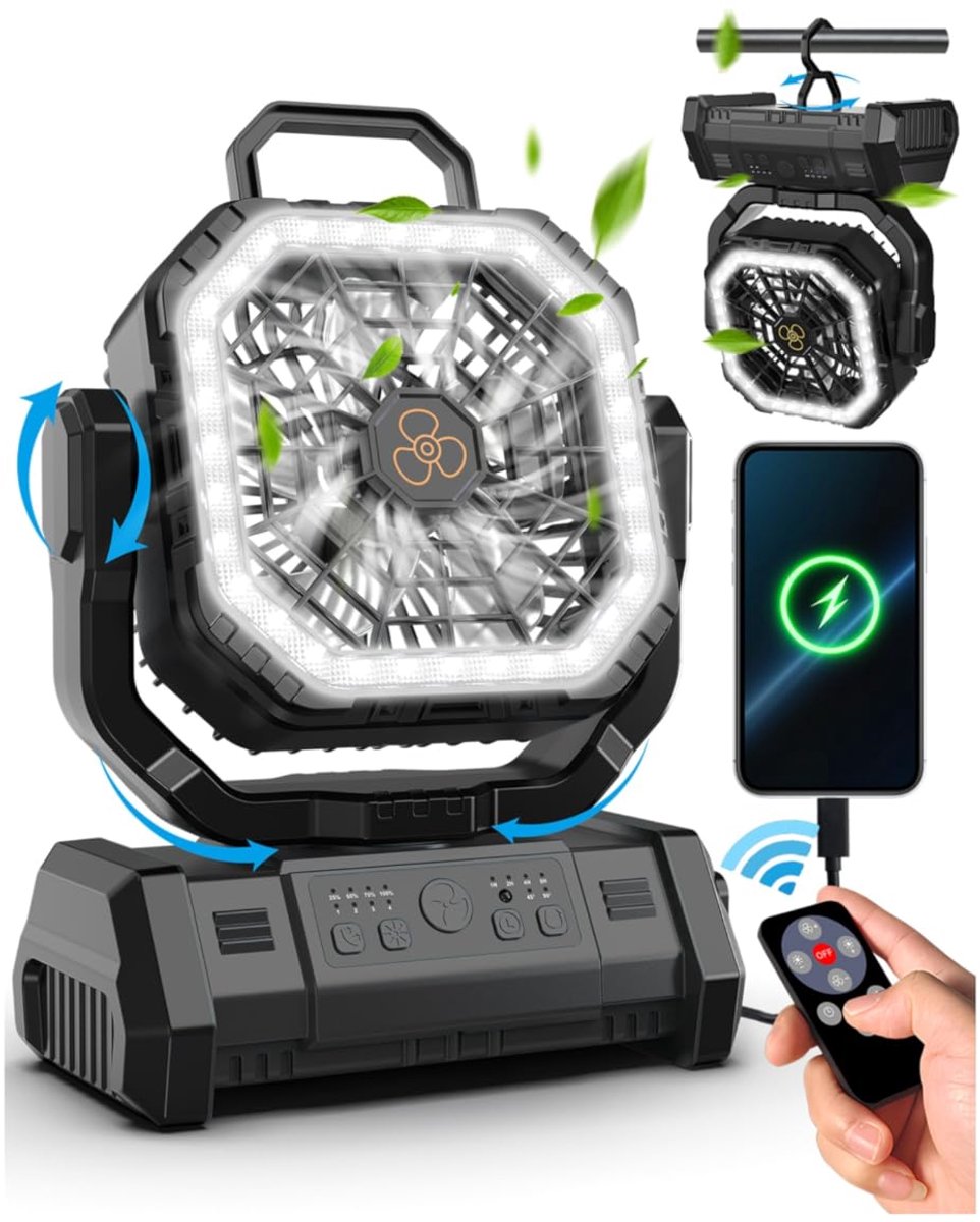 SnelShoppen - Draagbare Campingventilator 20.000 mAh met Afstandsbediening, LED-Licht, 4 Snelheden, Stille Slaapmodus, 45°/90° Oscillatie, Oplaadbare