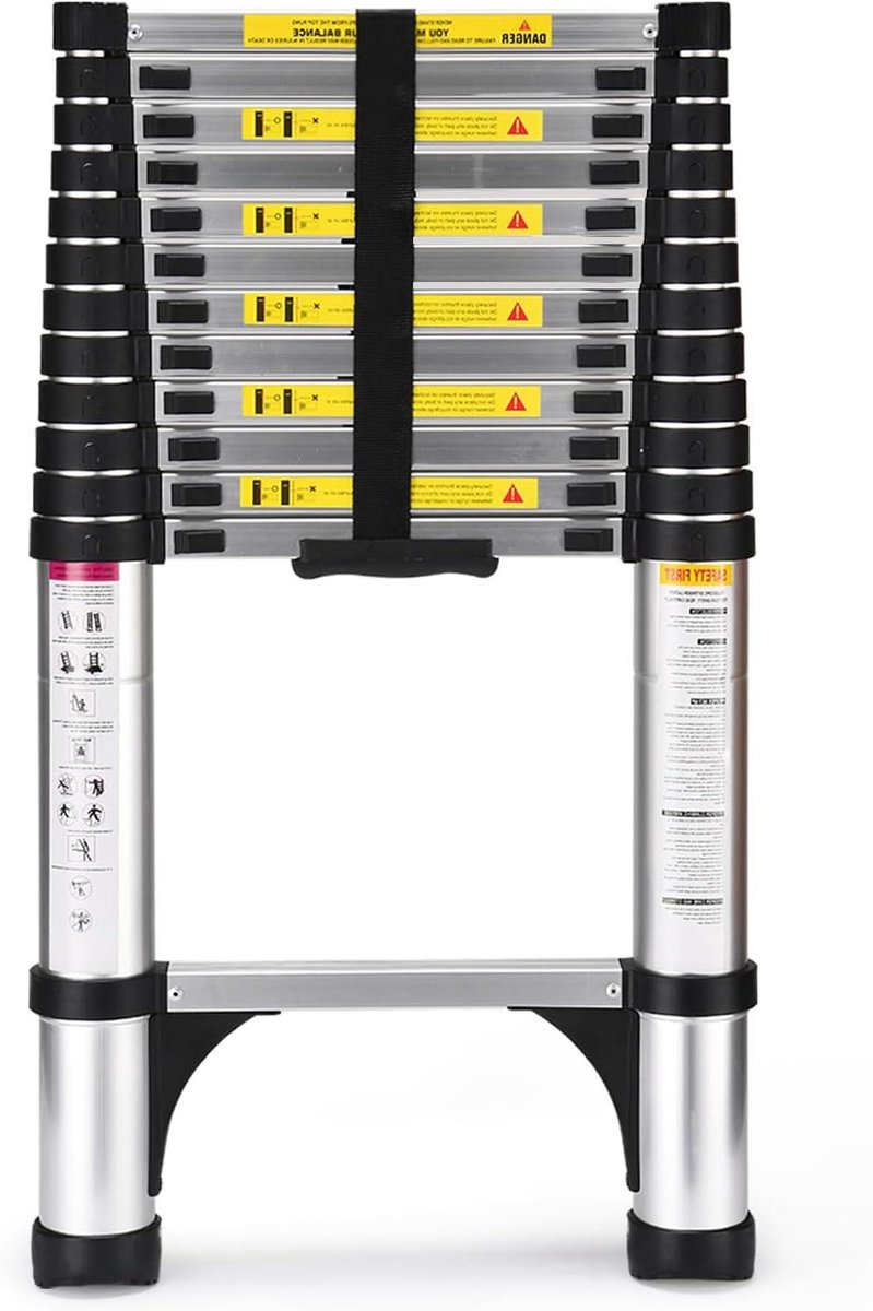 Telescopische ladder - Uitschuifbare ladder - Werkzaamheden buiten - Antislipvoeten - 38 meter - Zilver