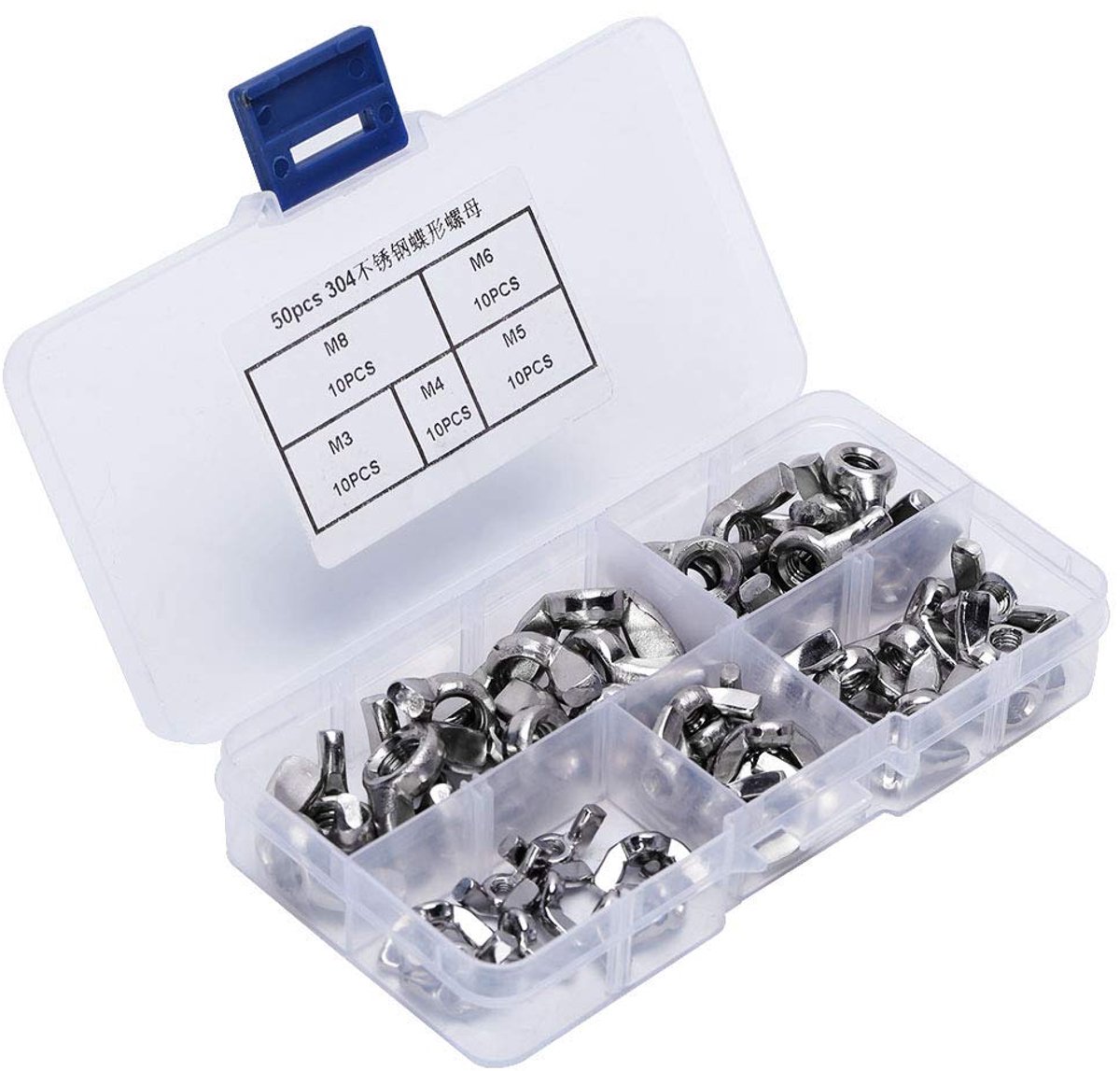 SnelShoppen - 50-delige set vleugelmoeren RVS, handvast te draaien, M3, M4, M5, M6, M8, voor klussen en montage, praktisch opbergdoosje
