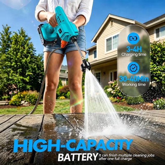 Draadloze Hogedrukreiniger 200W - 1450 PSI - Oplaadbaar via 21V Lithium Accu - Met Accessoires voor Auto, Tuin en Terras-1 stuk batterij + meerdere accessoires. — afbeelding 2