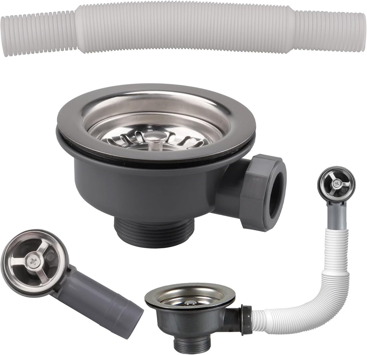 Afvoer Set voor Aanrecht met Overlooppijpen 114mm - RVS Overloop Kit voor Gaten van 83-90mm, Ideaal voor Keukens en Badkamers