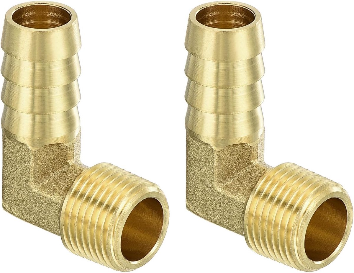 SnelShoppen - Messing Hoekstuk 2 Stuks 1/2 Inch Slang x 3/8 Inch NPT Mannelijk 90 Graden Koppeling voor Water, Brandstof, Lucht, Tuin, Keuken