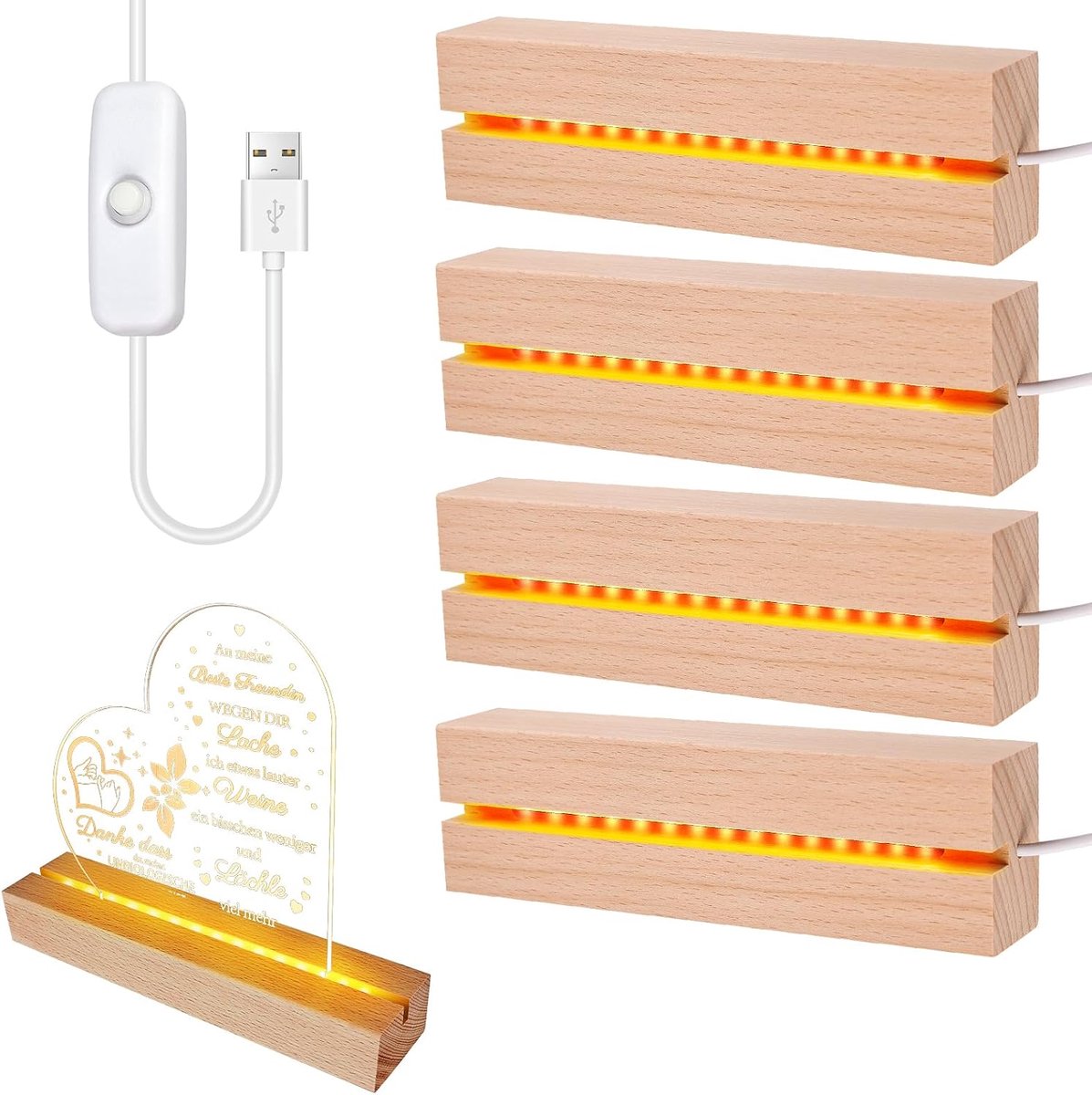 SnelShoppen - LED Basis Hout 4 Stuks LED Lichtbasis USB Houten Basis Rechthoekige Verlichting voor Acrylaat Glas Kristal Glas Paneel LED Display Basis
