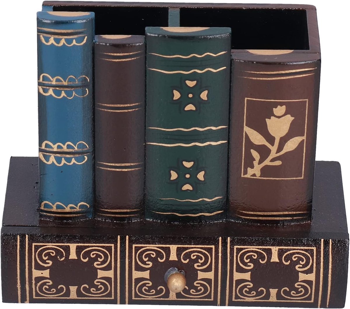 SnelShoppen - Decoratieve Pennenhouder met Opbergtray, Retro Stijl Houten Pennenhouder Bureau Organizer 13,5cm voor Thuis en Kantoor