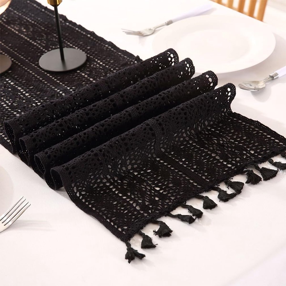 SnelShoppen - Macrame Tafelkleed Kanten Tafelrunner Boho Tafellaken met Kwasten Rectangular Haakwerk Tafel Runner voor Keuken Eten Bruiloft Decoratie