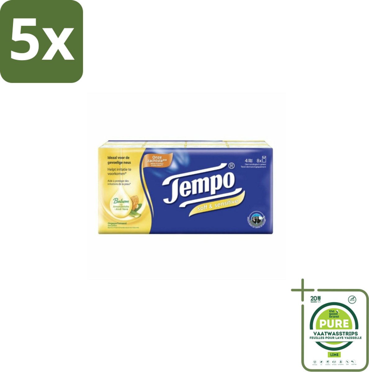 5 x Tempo – Zakdoekjes – Plus - Grootverpakking - Zachte Zakdoekjes - Gevoelige Neus - Allergie - Verkoudheid - Kamille