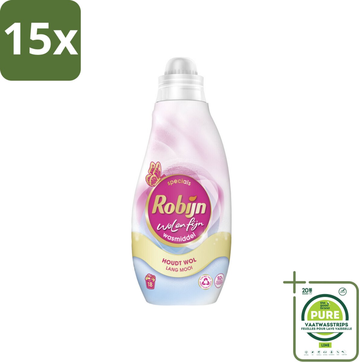 15 x Robijn Specials - Wol & Fijn - Vloeibaar Wasmiddel - 18 Wasbeurten - Grootverpakking - Wolwasmiddel - Wasmiddel Zijde - Wasmiddel Delicate Stoffen - Biologisch Afbreekbaar Wasmiddel - Milieuvriendelijk Wasmiddel
