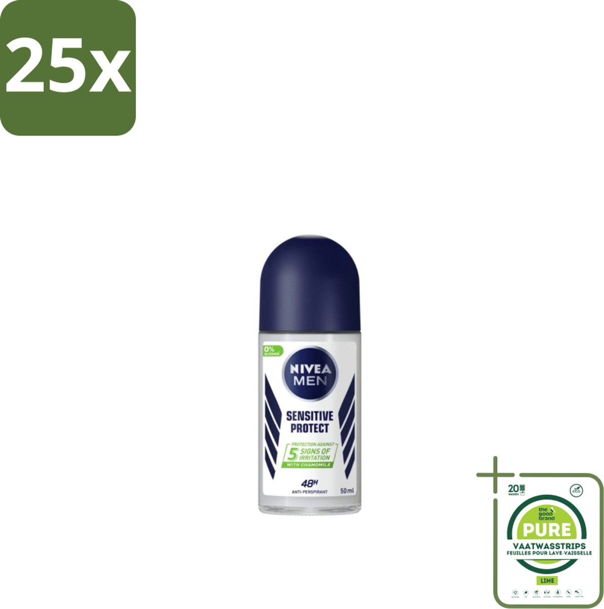 25 x NIVEA MEN - Deodorant Roller - Sensitive Protect - 50 ml - Grootverpakking - Gevoelige Huid - Anti-transpirant - Zweetbehandeling - Okselhuid - Deodorant