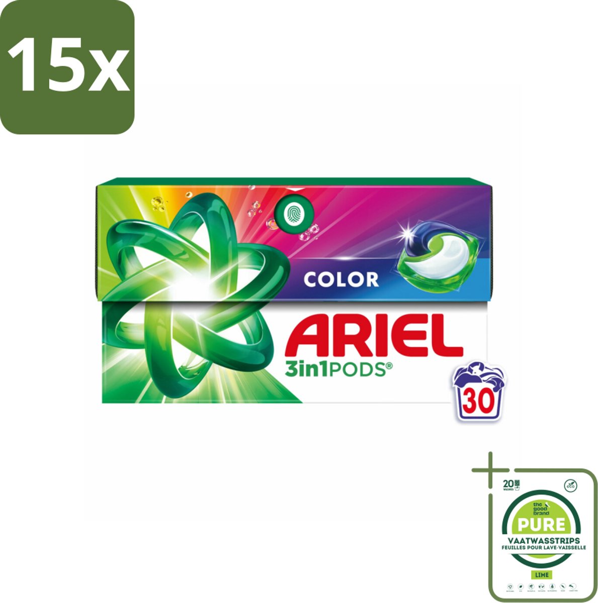 15 x Ariel - 3in1 Wasmiddel Pods - Color - 30 Pods - Grootverpakking - Ariel Wasmiddel - Wascapsules - Kleurwas - Vlekkenverwijderaar - Wasmiddel Pods