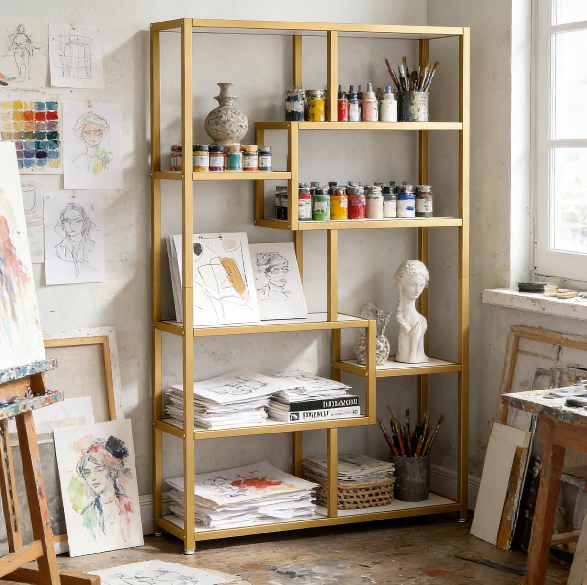 COVREO Boekenkast 180 x 100 x 30 cm goud wit, van metaal en kunstmarmer, 8 planken