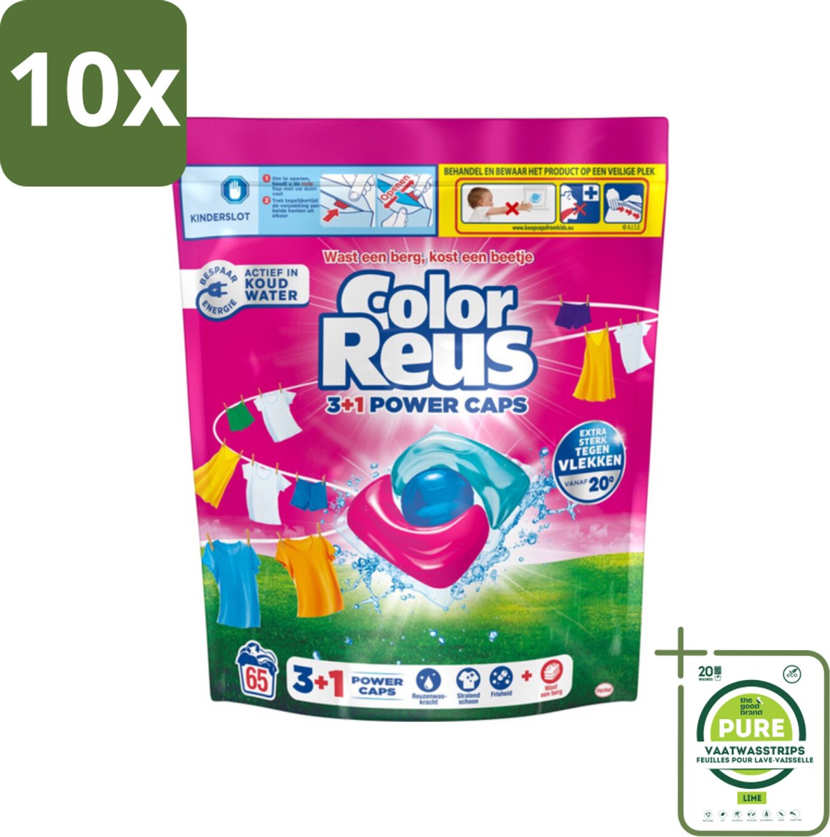 10 x Color Reus - 3+1 Power Caps - Gekleurde Was - 65 Wasbeurten - Grootverpakking - Wascapsules - Kleurwas - Wasmiddel - Kleurbescherming - Vlekkenverwijdering