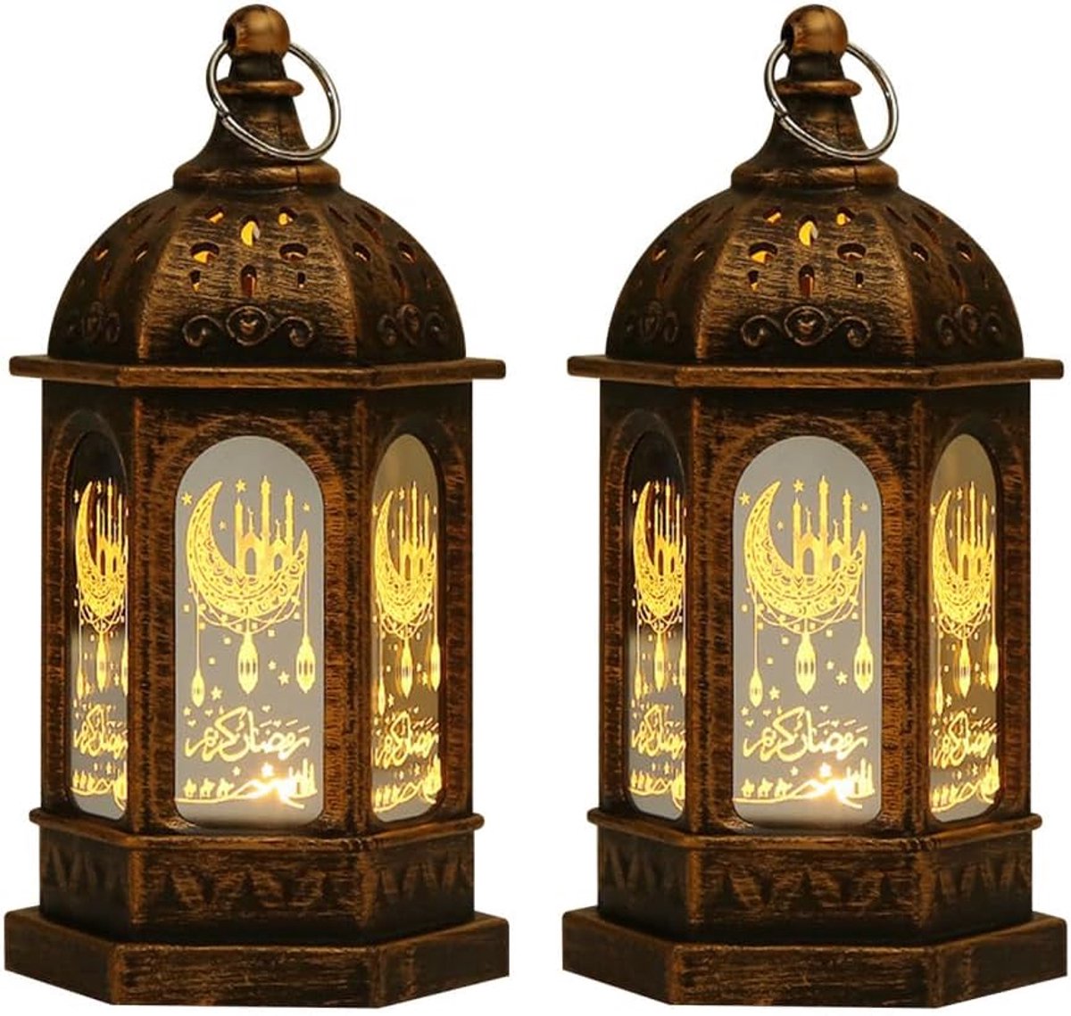 SnelShoppen - Ramadan Lantaarn Set van 2 Stuks Eid Mubarak Flameless Wax Vlammen Lichten Rustieke LED Vogelkooi Kasteel Nachtlampen voor Slaapkamer Ba