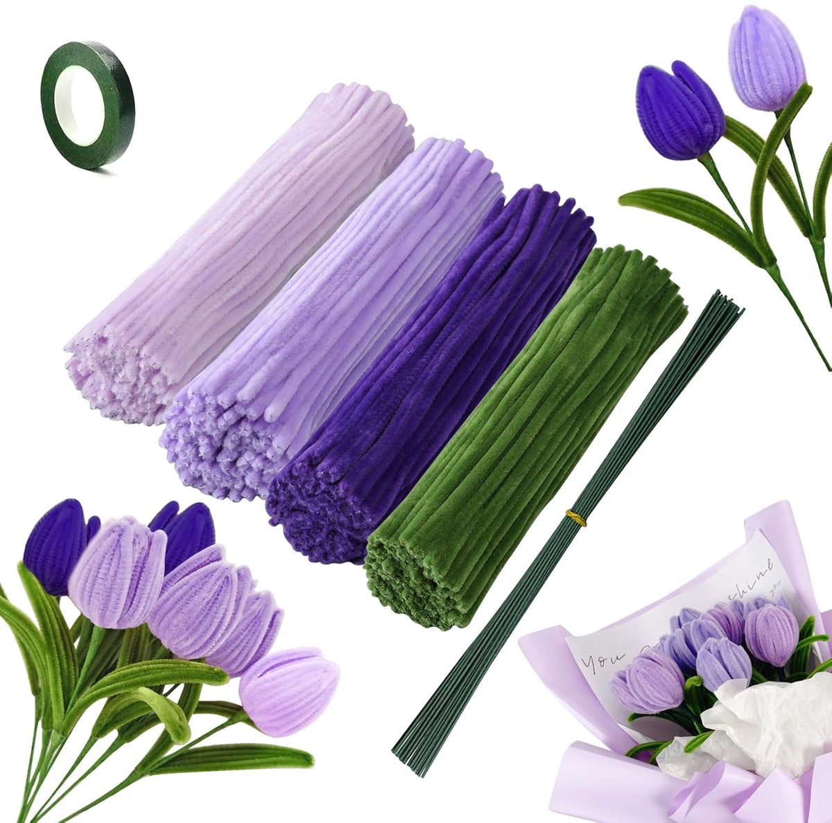 SnelShoppen - Pipe Cleaners voor Creatief Knutselen, 240 Stuks in 4 Kleuren Chenille Draad, Paars, Roze, Groen, Inclusief 15 Groene Bloemstelen en 1 P