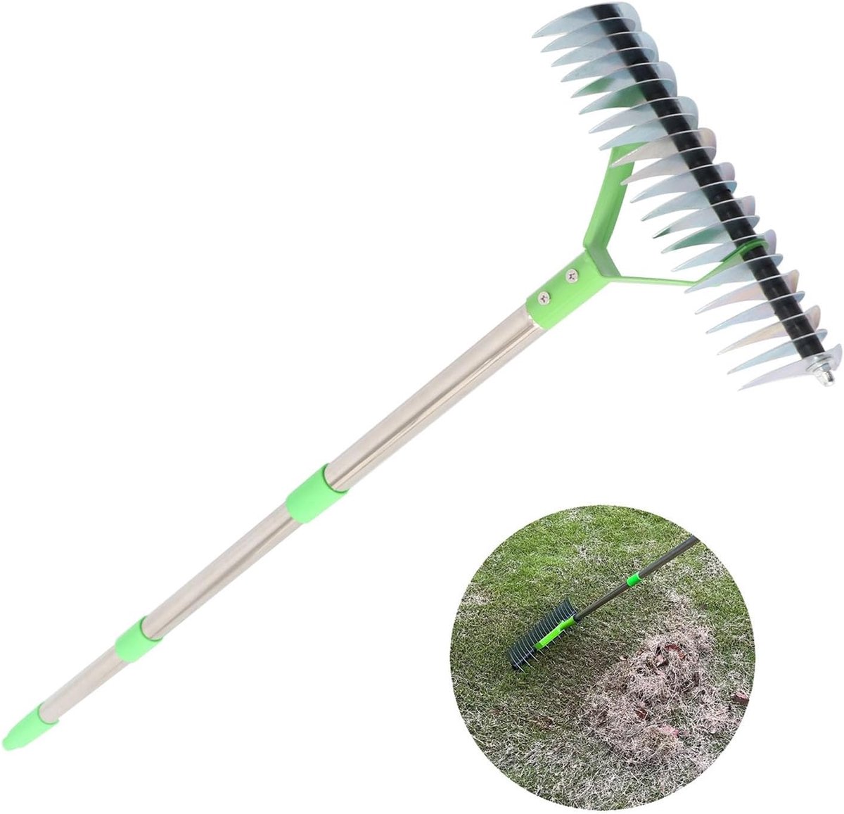 Rieten hark - Verticuteerder gazon - Gazononderhoud - Gebogen stalen tanden - 125 cm - Grijs
