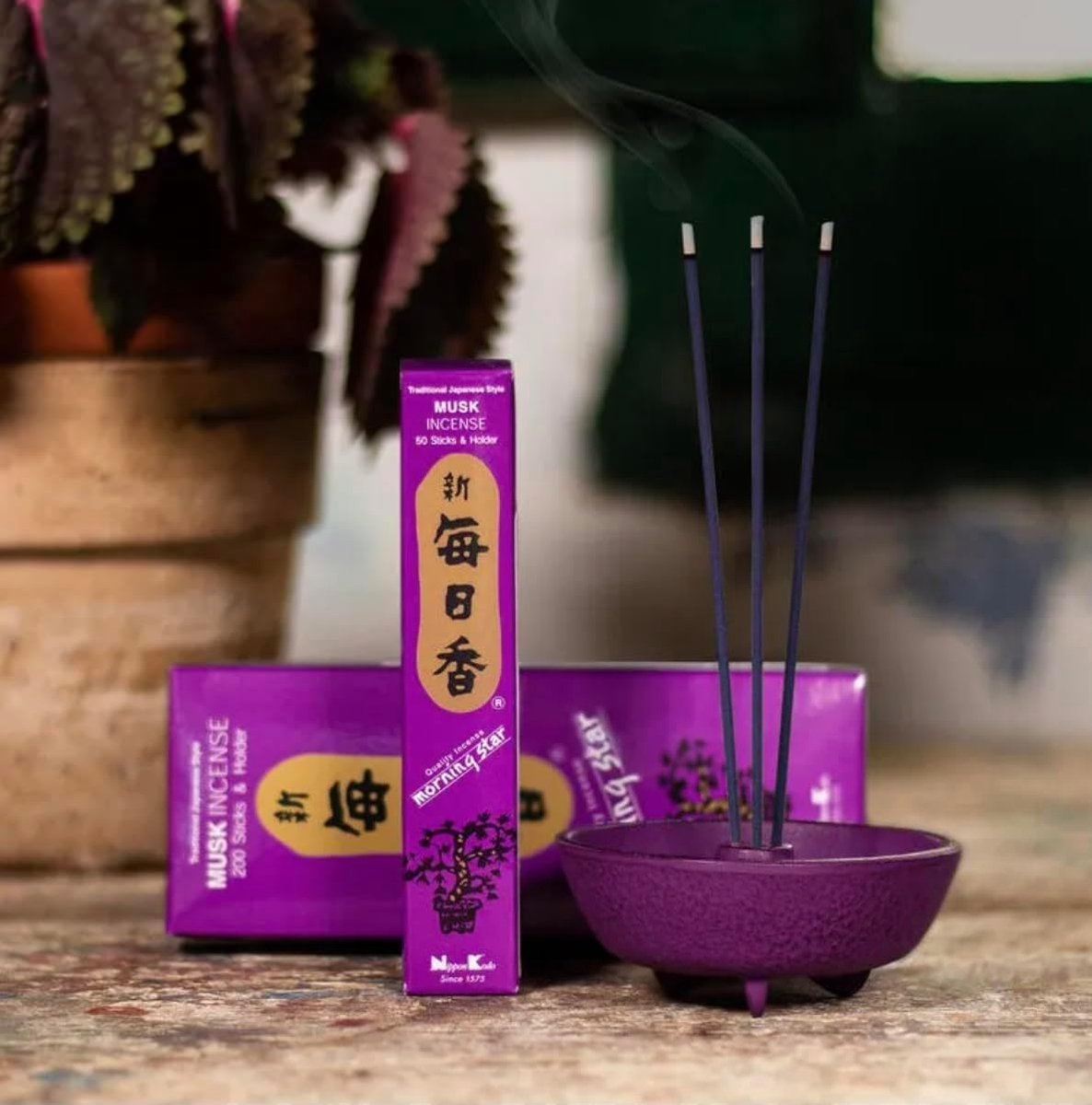 SnelShoppen - Morning Star Japanse Musk Wierook – 50 Sticks + Keramieken Houder | Aardse, Intense & Natuurlijke Geur voor Meditatie & Ontspanning