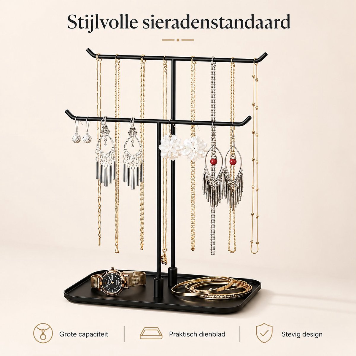 Arvion Sieradenstandaard Zwart - Sieradenhouder met Dubbele Staafjes voor Halskettingen en Armbanden, Sieradendienblad, Oorbellen en Ringen