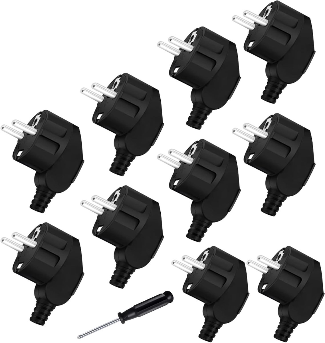 SnelShoppen - Pack van 10 Schuko Stekkers, Euro Stekker 250 V / 16 A, Hoekstekker, Aardlekschakelaar met Aardverbinding, IP20, Inclusief Schroevendraa