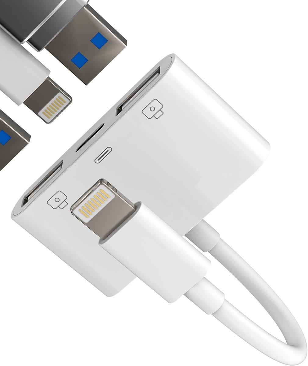 SnelShoppen - Lightning naar USB Adapter (3 in 1) voor iPhone 14 13 Pro Max, Oplaadkabel, MFI Gecertificeerd, 2 USB-A Poorten, OTG 3.0, Voor iPad Pro,