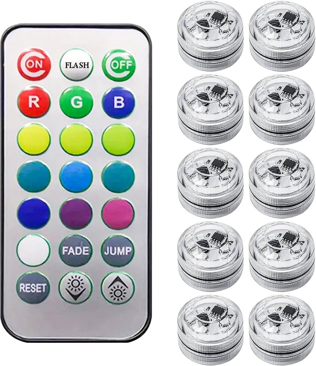 SnelShoppen - 10 Stuks Onderwater LED Lichten, Waterdichte Mini LED Lichten, Onderwater Zwembad Lichten, Theelicht met Afstandsbediening, Voor Aquariu